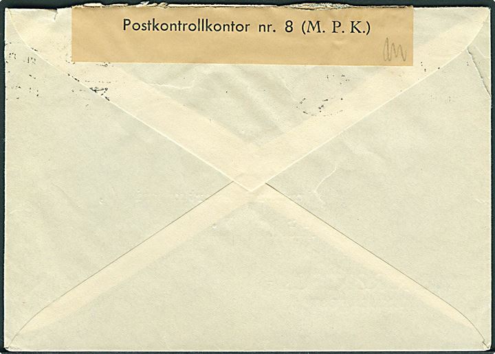 20 øre Turist udg. på firmakuvert fra Hammerfest stemplet Tromsø d. 2.6.1940 til Tromsø. Åbnet af norsk censur med fortrykt banderole på brunt papir: Postkontrolkontor nr. 8 (M.P.K.) i Tromsø. Banderole 2 (82 mm.) registreret anvendt i perioden 9.5.-9.6.1940. Rift.