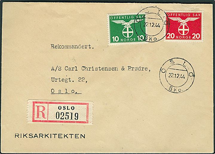10 øre og 20 øre Tjenestemærke på anbefalet lokalbrev fra Riksarkitekten i Oslo d. 22.12.1944.