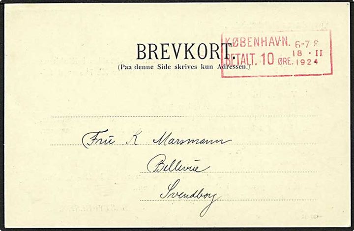 Francostemplet brevkort fra København d. 18.2.1924 til Svendborg.