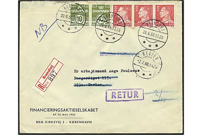 10 øre grøn bølgelinie og 60 øre rød Fr. IX på Rec. brev fra Brønshøj d. 20.6.1968 til Herlev. Ikke afhentet og returneret.