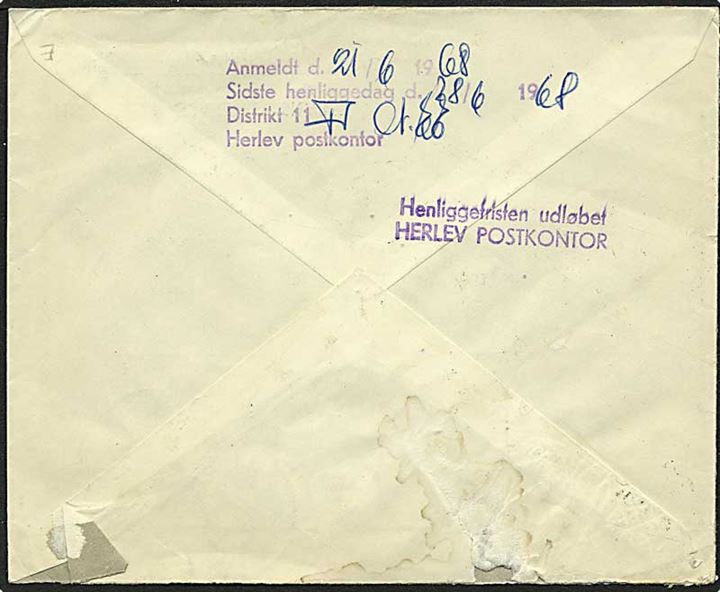 10 øre grøn bølgelinie og 60 øre rød Fr. IX på Rec. brev fra Brønshøj d. 20.6.1968 til Herlev. Ikke afhentet og returneret.