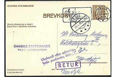 50 øre brun Fr. IX lokalt sendt enkeltbrevkort fra Vejle d. 22.4.1970. Ubekendt efter adressen og returneret.