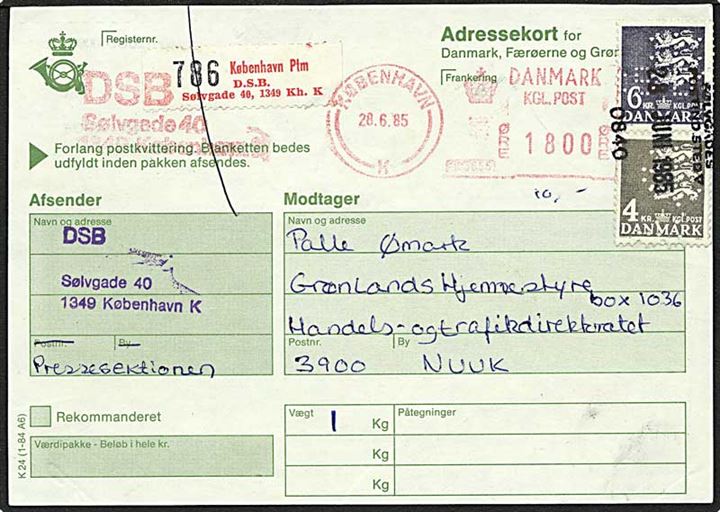 4 kr. grå og 6 kr. gråblå rigsvåben på adressekort fra København d. 28.6.1985 til Nuuk, Grønland. Mærkerne med perfin D70 og D72 - DSB. D70 ny senest brugsdato.