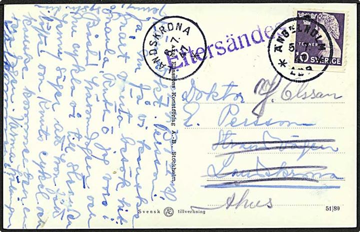 10 øre violet Tegner på postkort fra Ängelholm, Sverige, d. 5.7.1947 til Landskrona. Påstemplet Eftersändes.