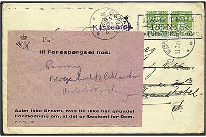 5 øre grøn bølgelinie på lokalt sendt brev fra København d. 14.7.1937. Henlagt som kassebrev og med vignet angående forespørgsel. Påstemplet ubekendt efter adressen.