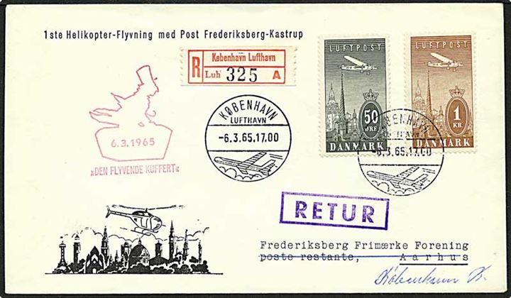 50 og 1 kr. ny luftpost på Rec. helikopter brev fra København d. 6.3.1965 til Århus. Returneret til Frederiksberg.