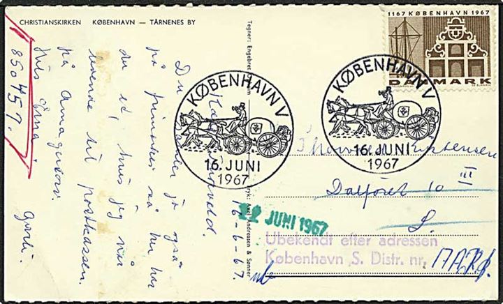40 øre brun bygningsserie på lokalt sendt postkort fra København d. 16.6.1967. Ubekendt efter adressen.