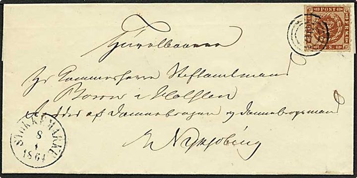 4 skilling brun på brev fra Stokkemarke d. 8.1.1864 til Nykøbing. Nummerstempel 110 samt Stokkemarke antikvastempel.