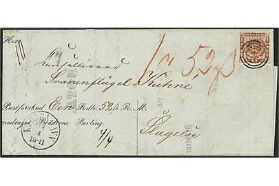 4 skilling brun på postforskud fra København d. 14.4.1861 til Slagelse. DAKA 1000,- kr.