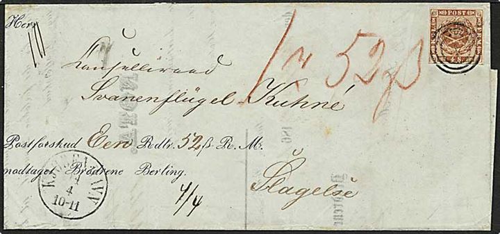 4 skilling brun på postforskud fra København d. 14.4.1861 til Slagelse. DAKA 1000,- kr.