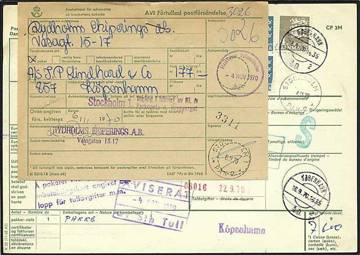 14,95 kr. porto på adressekort fra København d. 18.9.1970 til Stockholm, Sverige.