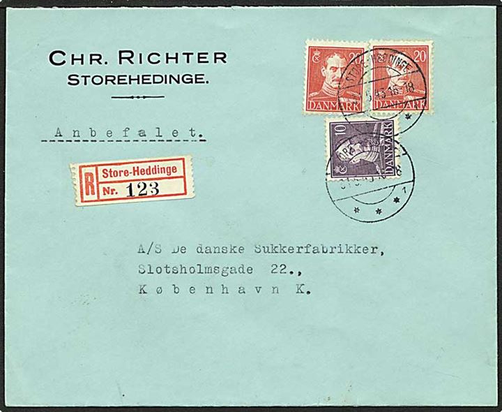 10 øre violet og 20 øre rød Chr. X på Rec. brev fra Store-Heddinge d. 31.5.1943 til København.