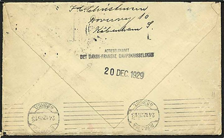 10 øre grøn bølgelinie og 15 øre rød karavel på brev fra København d. 19.12.1929 til radiotelegrafist ombord på S/S Lifland. Videresendt til Leningrad fra Det dansk-franske Dampskibsselskab.