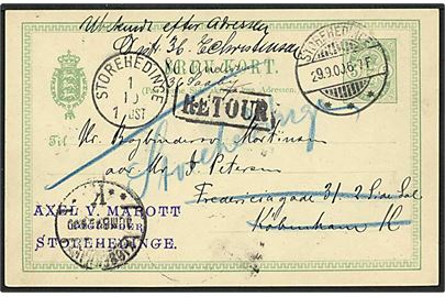 5 øre grøn våbentype enkeltbrevkort fra Store-Heddinge d. 29.9.1900 til København. Ubekendt efter adressen og returneret. 