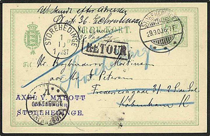 5 øre grøn våbentype enkeltbrevkort fra Store-Heddinge d. 29.9.1900 til København. Ubekendt efter adressen og returneret. 