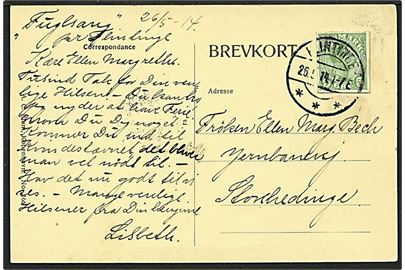 5 øre grøn Chr. X helsagsklip på postkort fra Flintinge d. 26.5.1914 til Store-Heddinge.