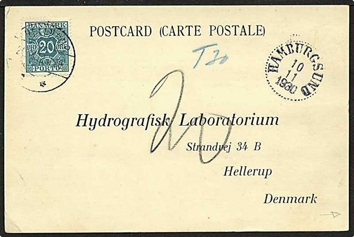 Svarkort fra Hamburgsund, Sverige, d. 10.11.1930 til Hellerup påsat 20 øre blågrøn portomærke. Kortet er brugt i forbindelse med havundersøgelser i Nordsøen.