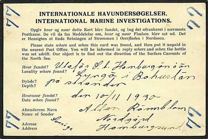 Svarkort fra Hamburgsund, Sverige, d. 10.11.1930 til Hellerup påsat 20 øre blågrøn portomærke. Kortet er brugt i forbindelse med havundersøgelser i Nordsøen.
