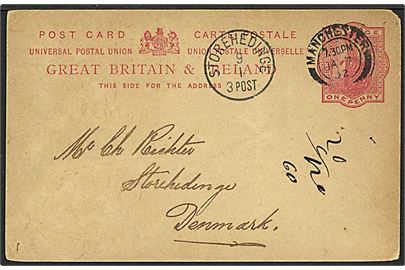 1 penny rød enkeltbrevkort fra Manchester, England, d. 7.1.1902 til Storehedinge. Storehedinge lapidarstempel.