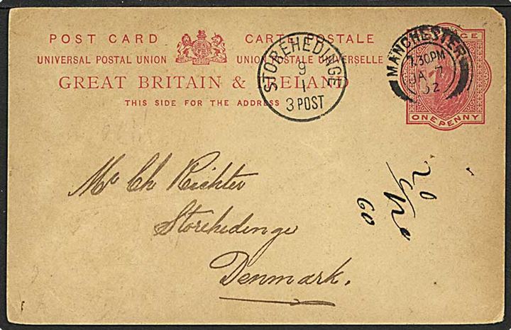 1 penny rød enkeltbrevkort fra Manchester, England, d. 7.1.1902 til Storehedinge. Storehedinge lapidarstempel.
