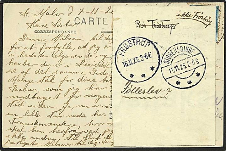 1,50 frank blå på postkort fra Frankrig d. 7.11.1926 til Frøstrup. Hjemmelavet vignet videresendt til Følleslev. Frøstrup IIIb brotypestempel.