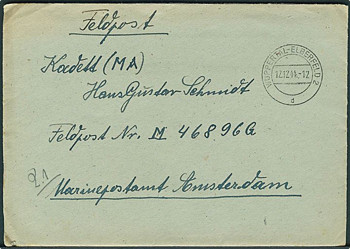Ufrankeret feltpostbrev fra Wuppertaal-Elberfeld d. 12.12.1944 til feldpostnr M 46896G (= 7. Batterie Marine-Flak-Abteilung 808) Marinepostamt Amsterdam. 