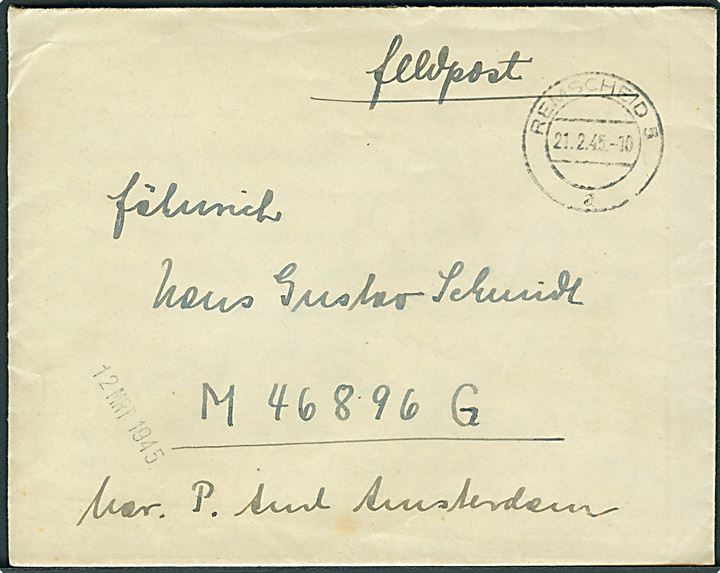 Ufrankeret feltpostbrev fra Remscheid d. 21.2.1945 til feldpostnr M 46896G (= 7. Batterie Marine-Flak-Abteilung 808) Marinepostamt Amsterdam. 
