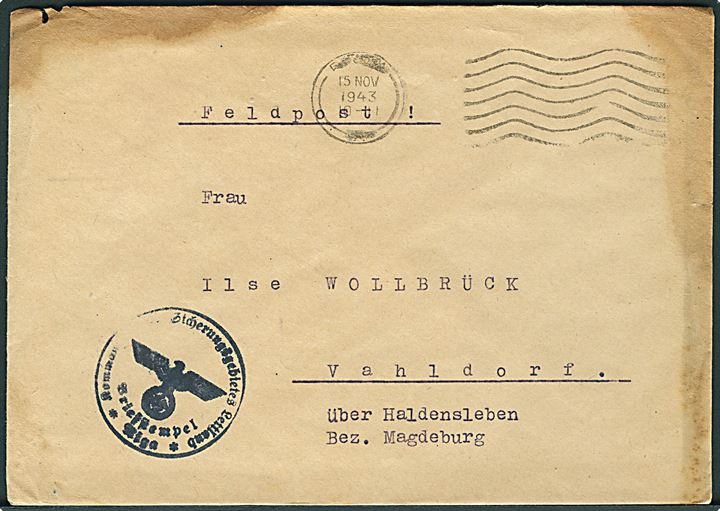 Ufrankeret feltpostbrev med stumt stempel d. 15.11.1943 til Vahldorf, Tyskland. Fra Kommando der Sicherheits Gebiet Lettland i Riga. Skjolder.