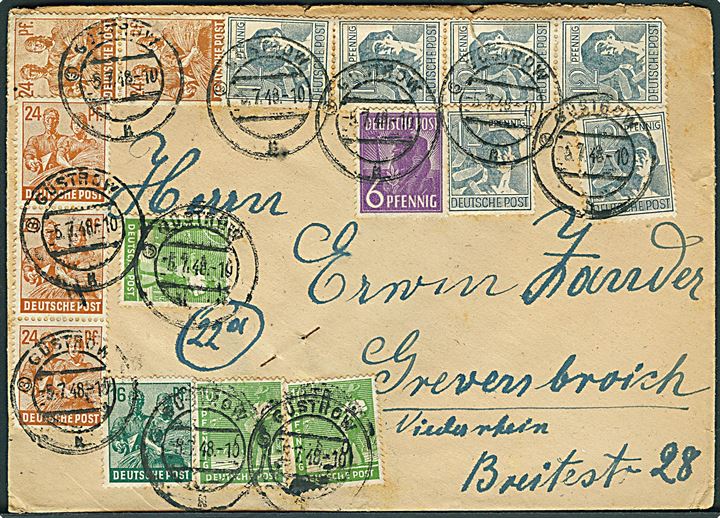 244 pfg. blandingsfrankeret Zehn-fach frankeret brev fra Güstrow d. 5.7.1948 til Grevernbroich.
