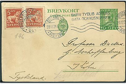 10 öre helsagsbrevkort annulleret med maskinstempel i Stockholm d. 28.12.1928 opfrankeret med 5 öre Löve (2) annulleret med skibsstempel Trelleborg - Sassnitz d. 1.1.1925 til Köln, Tyskland.