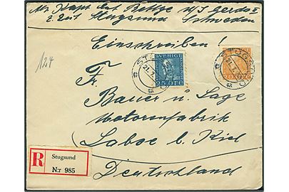 20 öre og 25 öre Gustaf på anbefalet brev fra Stugsund d. 21.7.1933 til Laboe pr. Kiel, Tyskland. Fra sømand ombord på S/S Gerda II.