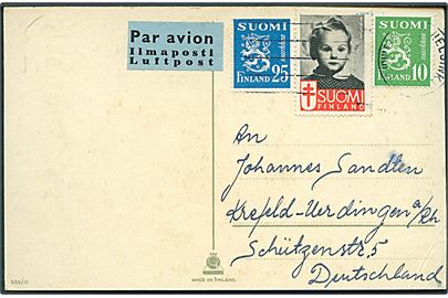 10 mk. og 25 mk. Løve, samt Julemærke 1953 på luftpost brevkort fra Helsinki med svag dato i 1953 til Krefeld, Tyskland.