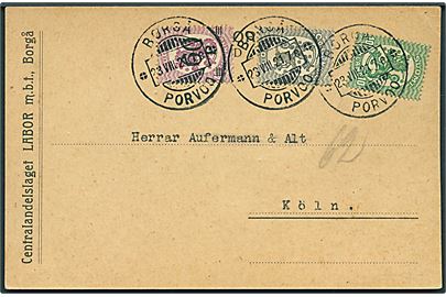 5 pen., 10 pen. Løve og 60/40 pen. provisorium på brevkort fra Borgå d. 23.8.1921 til Köln, Tyskland.