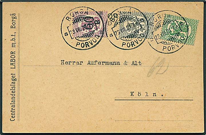 5 pen., 10 pen. Løve og 60/40 pen. provisorium på brevkort fra Borgå d. 23.8.1921 til Köln, Tyskland.