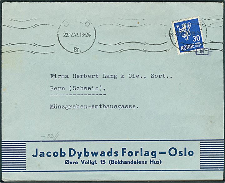 30 øre Løve på brev fra Oslo d. 22.12.1942 til Bern, Schweiz. Åbnet af tysk censur i Frankfurt.