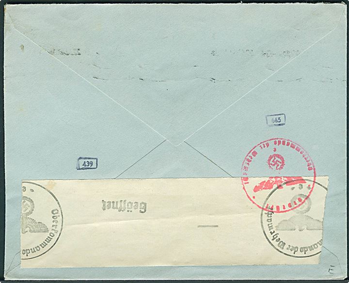 30 øre Løve på brev fra Oslo d. 22.12.1942 til Bern, Schweiz. Åbnet af tysk censur i Frankfurt.