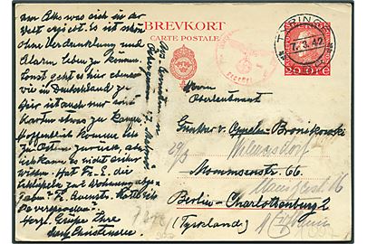20 öre helsagsbrevkort fra Tyringe d. 7.3.1942 til Berlin - eftersendt. Tysk censur fra Berlin.