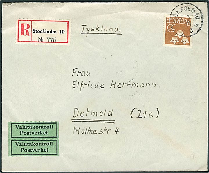 55 öre Tre Kroner single på anbefalet brev fra Stockholm d. 8.3.1951 til Detmold, Tyskland.