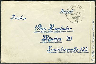 Ufrankeret feltpostbrev stemplet Feldpost d. 8.7.1943 fra feldpost nr. M 38468 (= 44. Minensuch-Flottille B-Gruppe i Frankrig) til München, Tyskland.