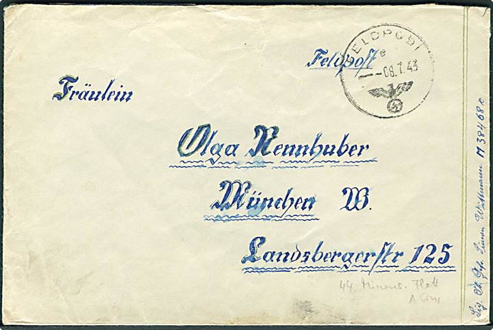 Ufrankeret feltpostbrev stemplet Feldpost d. 8.7.1943 fra feldpost nr. M 38468 (= 44. Minensuch-Flottille B-Gruppe i Frankrig) til München, Tyskland.