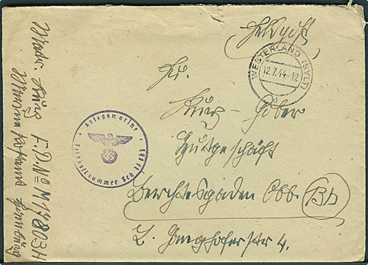 Ufrankeret feltpostbrev stemplet Westerland (Sylt) d. 12.7.1944 til Berchtesgaden, Tyskland. Briefstempel fra Kriegsmarine Feldpostnummer Sch 13803 (= Marine-Flak-Abteilung 234 på Sylt).