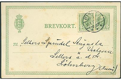 5 øre Fr. VIII helsagsbrevkort opfrankeret med 5 øre Fr. VIII helsagsafklip fra Ringe d. 10.1.1911 til Lölmberg, Tyskland.