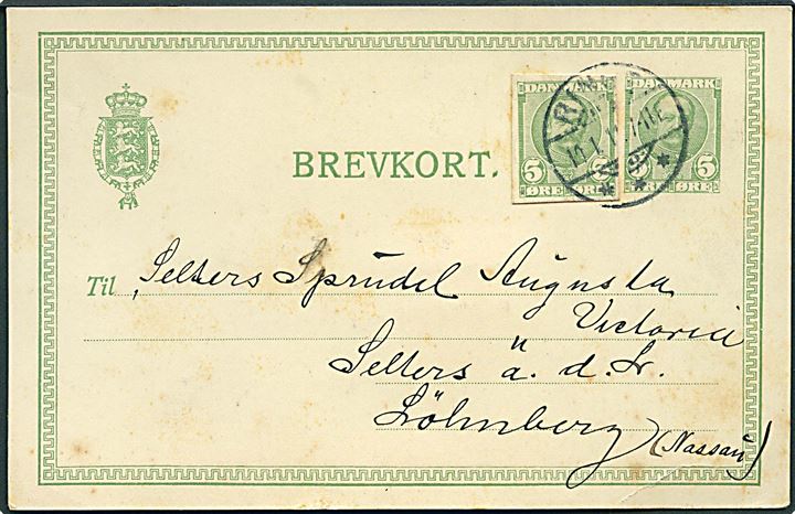5 øre Fr. VIII helsagsbrevkort opfrankeret med 5 øre Fr. VIII helsagsafklip fra Ringe d. 10.1.1911 til Lölmberg, Tyskland.