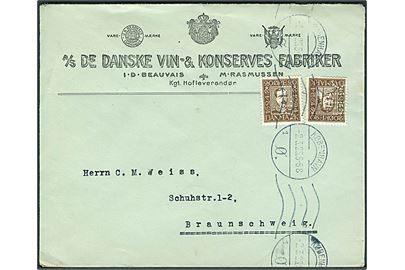20 øre Chr. IV og Chr. X Postjubilæum med perfin M.R. på firmakuvert fra A/S De danske Vin- & Konserves Fabriker i København d. 2.3.1925 til Braunschweig, Tyskland.