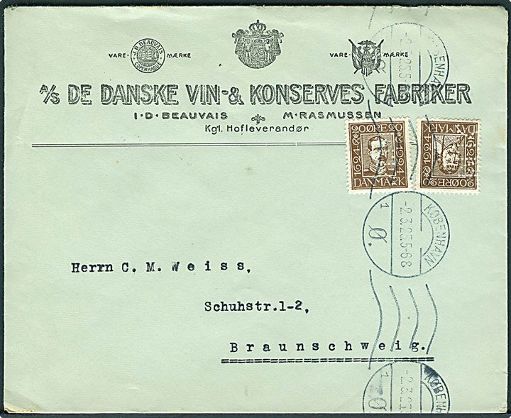 20 øre Chr. IV og Chr. X Postjubilæum med perfin M.R. på firmakuvert fra A/S De danske Vin- & Konserves Fabriker i København d. 2.3.1925 til Braunschweig, Tyskland.
