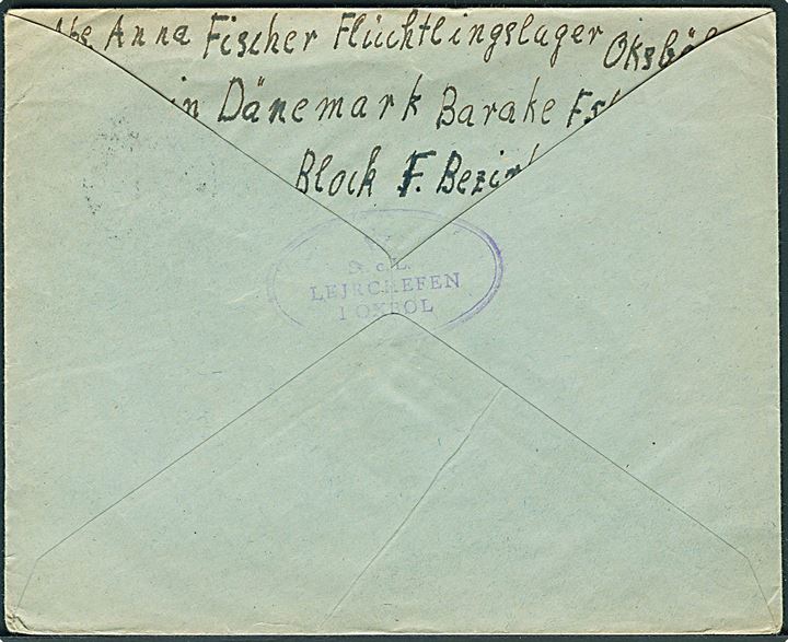 40 øre Chr. X på brev stemplet Oksbøl d. 16.1.1946 til Internationale Røde Kors i Geneve, Schweiz. Fra tysk flygtning i flygtningelejr Oksbøl. På bagsiden ovalt stempel (krone) St.c.L. Lejrchefen i Oksbøl.