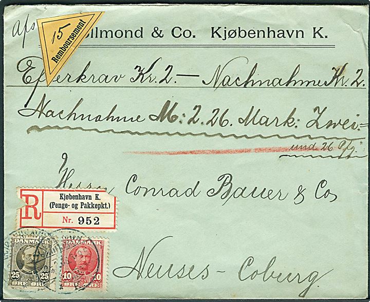 10 øre og 25 øre Fr. VIII på anbefalet brev med postopkrævning fra Kjøbenhavn d. 2.3.1908 til Neuses, Tyskland. 