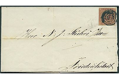 4 R.B.S. Ferslew på brev annulleret med stumt stempel og på bagsiden sidestemplet med 1½ ringsstempel Varde d. 27.3.1852 (delvis håndskrevet dato) til Friedrichstadt. Tæt klippet i NØ-hjørne.