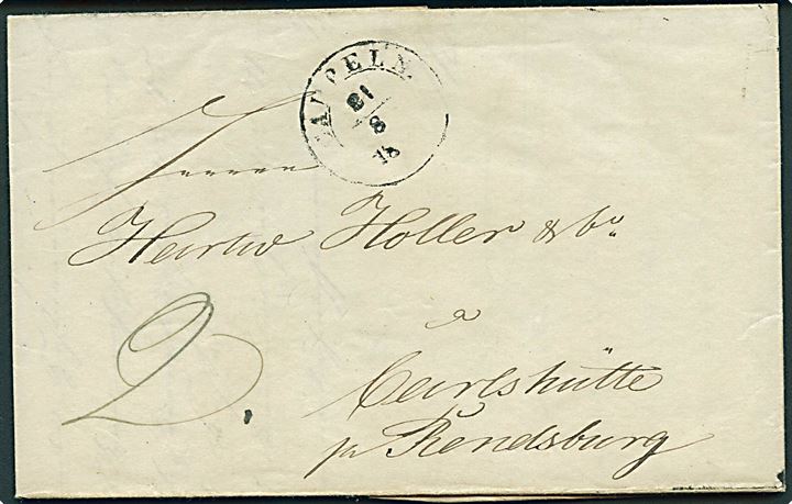 1849. Portobrev med 1½ ringsstempel Cappeln d. 21.8.1849 til Carlshütte pr. Rendsburg. Påskrevet 2 med blæk. Fuldt indhold.