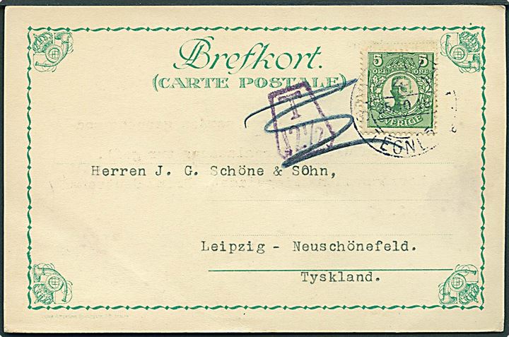 5 öre Gustaf single på tryksags-brevkort fra Stockholm d. 25.10.1916 til Leipzig, Tyskland. Fejlagtigt udtakseret i porto med violet portostempel: T 12½.